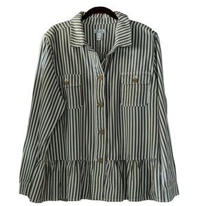 Denim‎ & Co. Women Striped Point Collar Button Peplum Jacket Warm Tan Sz XL NWOT